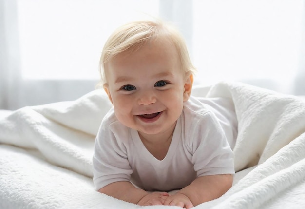 A happy smiling baby with blonde hair lying on a white blanket