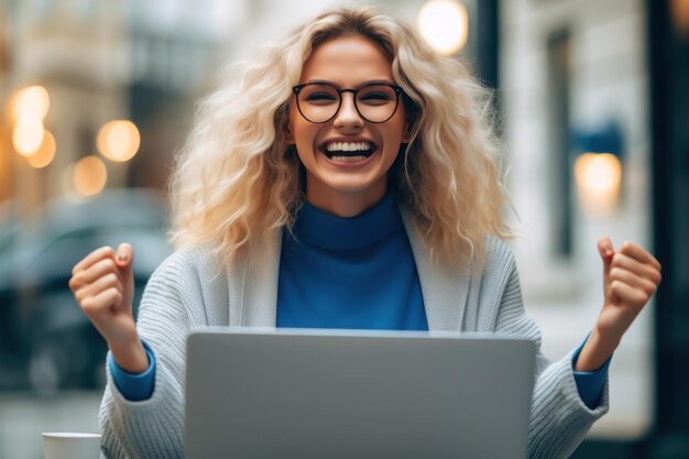 Happy smiling beautiful woman working on a laptop