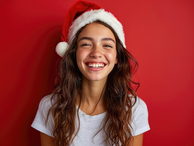 크리스마스 배경 에 산타 모자 를 입은 행복 한 미소 아름다움 소녀