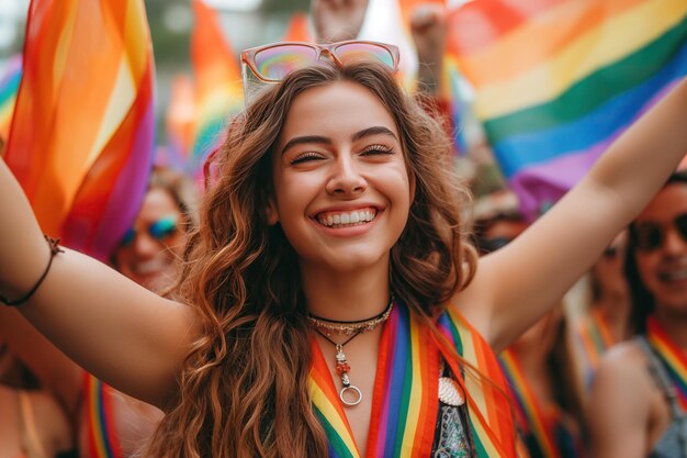 happy smiling bisexual lesbian girl with rainbow flag in a crowd of people at street LGBT parade pride in summer march