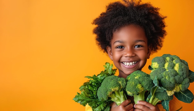 happy smiling black kid child hold in hands a vegetables broccoli on orange isolated background