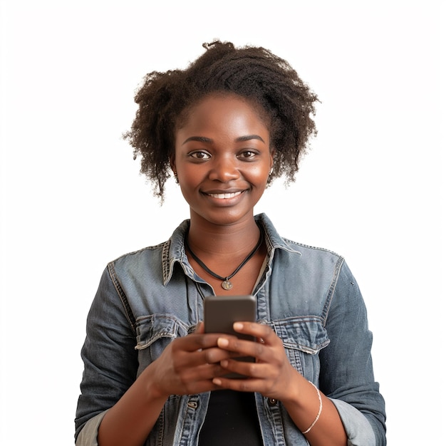 Photo happy smiling black woman on her phone