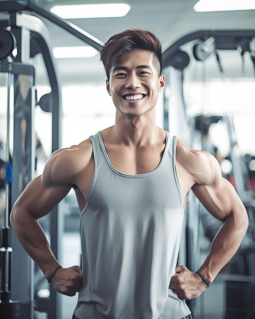 Happy smiling bodybuilder in fitness studio