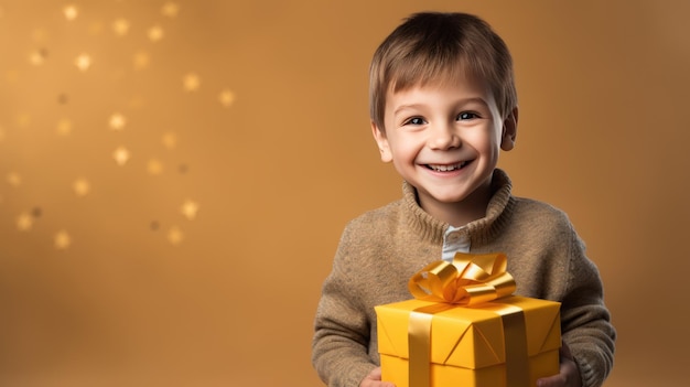 Happy smiling boy holding gift box on a colored background