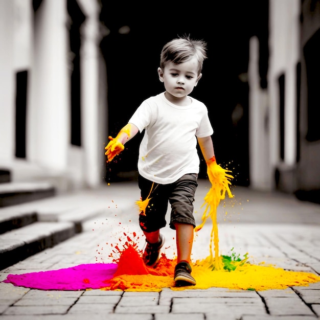 Happy smiling boy with a painted hands and face in orange tshirt on white