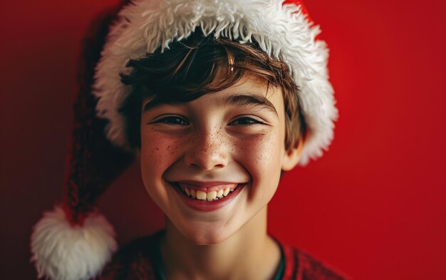 happy smiling boy with Santa hat in Christmas background