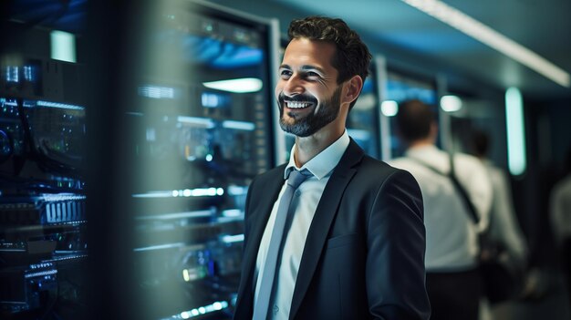 Happy smiling businessman standing inside server room. generative ai