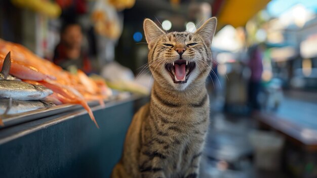 Happy smiling cat in front of fish stall in spanish market on street on sunny day