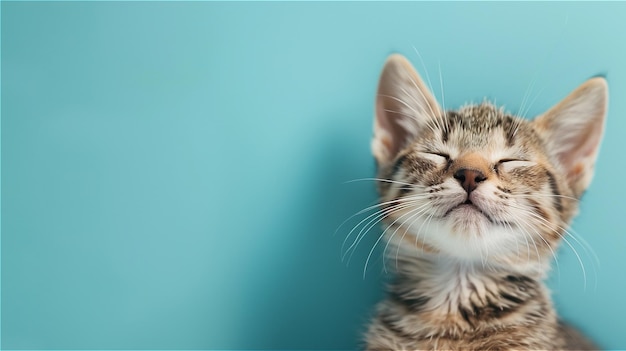 写真 青い背景の幸せな笑顔の猫