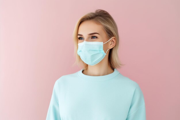 happy smiling caucasian woman wearing medical face mask