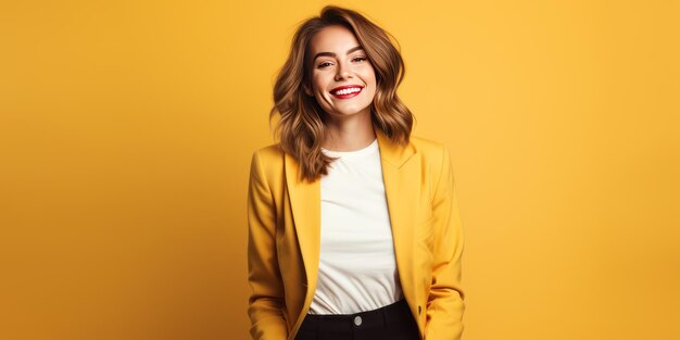 Happy smiling caucasian young woman over yellow background