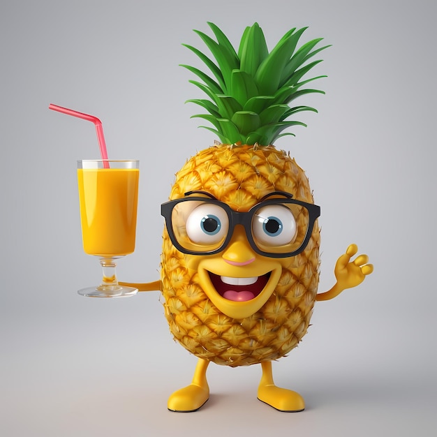 Photo a happy smiling character with a pineapple wearing sunglasses and holding a glass of juice