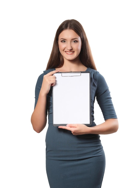 Happy smiling cheerful young businesswoman with clipboard, isolated on white background