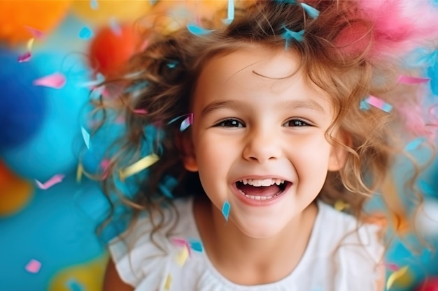 幸せで微笑む子供の女の子が彼の誕生日を祝います