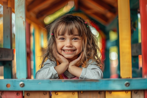 Photo happy smiling child in small house on playground