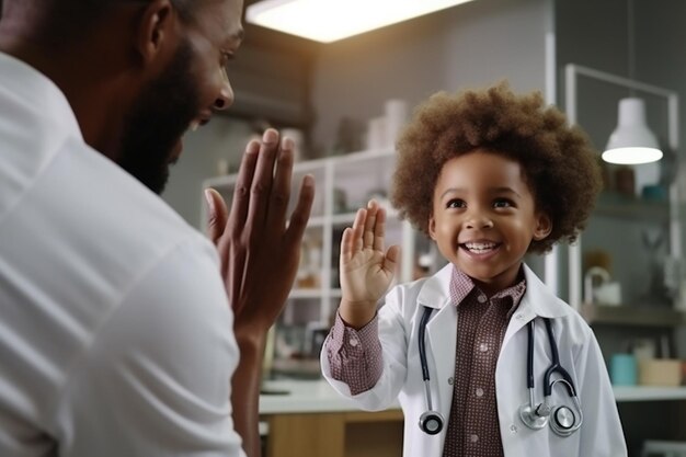 A happy smiling child wearing a doctor's uniform generative ai