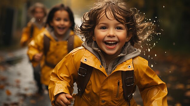 Happy smiling children in yellow raincoat