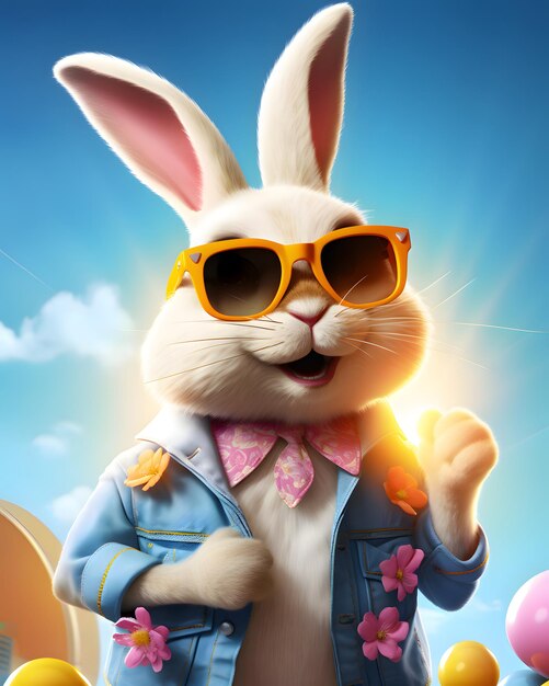 A happy smiling and colorful Easter Bunny wearing sunglasses