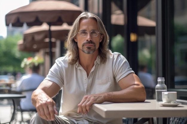 Happy smiling confident european middle aged man sitting outside cafe looking away and dreaming