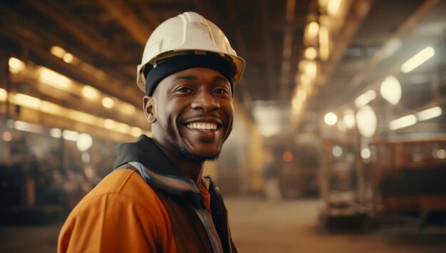 Happy smiling construction industry professional wearing uniform in factory