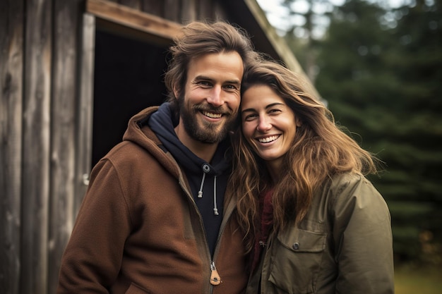 Счастливая улыбающаяся пара в обычной одежде обнимается перед деревянной хижиной в лесу