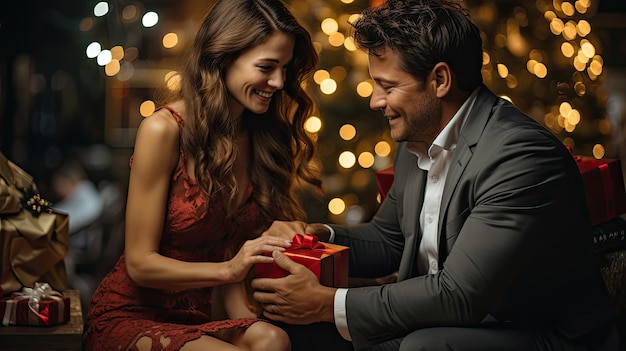 Happy smiling couple giving gift box exchange under Christmas tree