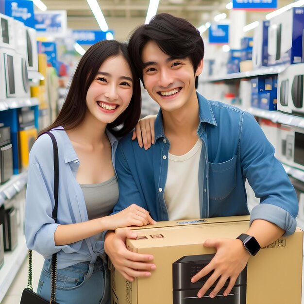 Happy smiling couple just bought new household appliances in hypermarket