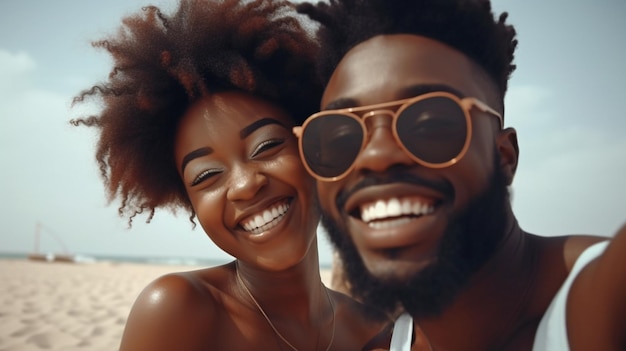 A happy smiling couple poses for a selfie on Panjin Red Beach in China Summer vacation for a black young guy and wife Generative AI