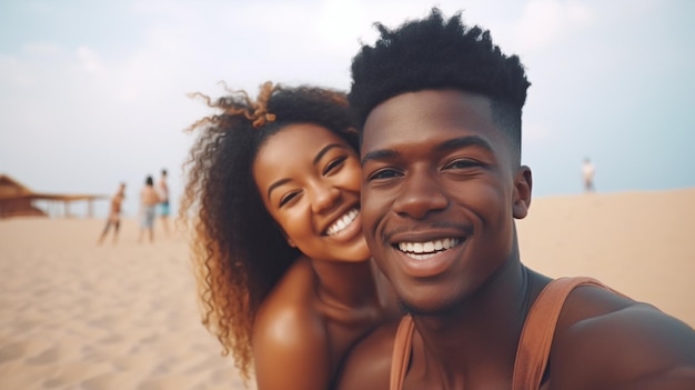 A happy smiling couple poses for a selfie on Panjin Red Beach in China Summer vacation for a black young guy and wife Generative AI