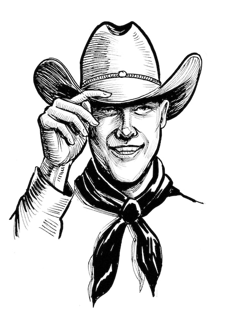 Happy smiling cowboy head in hat. Ink black and white drawing