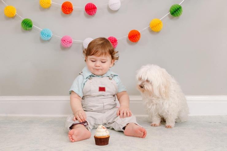 Photo happy smiling cute caucasian baby boy celebrating his first birthday at home child kid toddler