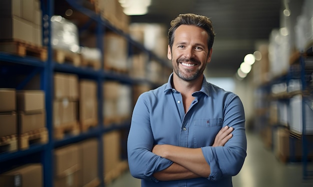 幸せな笑顔の物流倉庫マネージャーが倉庫の棚の在庫をチェック 保管室に立つスーパーバイザーワーカー物流エンジニア従業員が卸売業者のパッケージをチェック