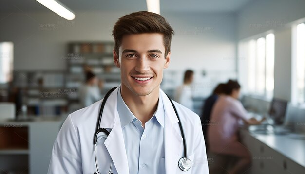 Foto medico o infermiere sorridente felice con uno stetoscopio carino e giovane