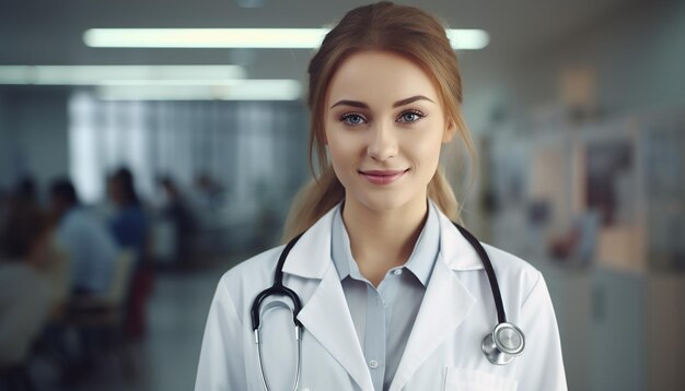 Happy smiling doctor or nurse with a stethoscope cute and young