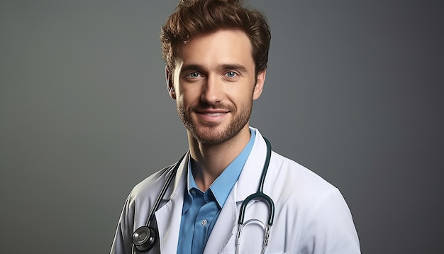 Happy smiling doctor or nurse with a stethoscope handsome and young