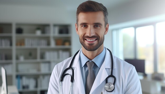 Happy smiling doctor or nurse with a stethoscope handsome and young