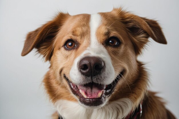 a happy and smiling dog face on a white background