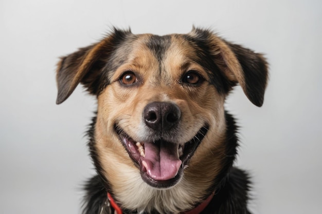 a happy and smiling dog face on a white background