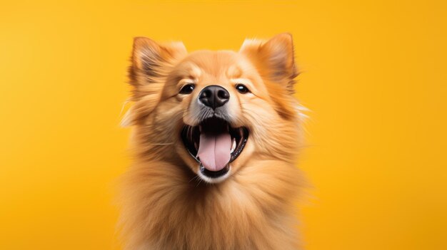 黄色の背景に孤立した幸せな笑顔の犬