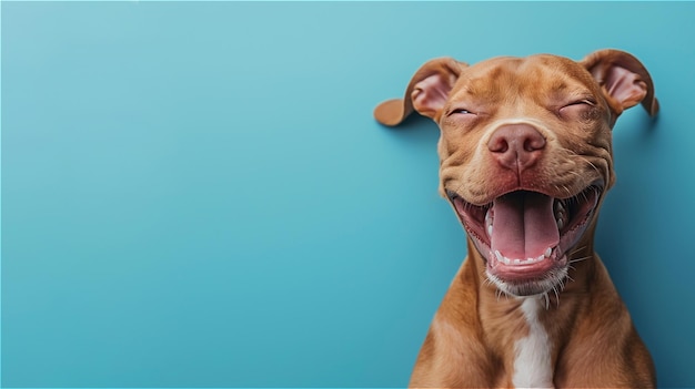 写真 青い背景の幸せな笑顔の犬