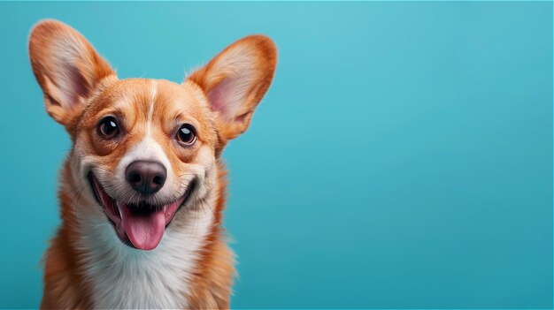 写真 青い背景の幸せな笑顔の犬