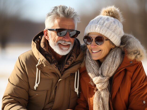 Happy smiling elderly couple in sunglasses at winter Aging with dignity active life