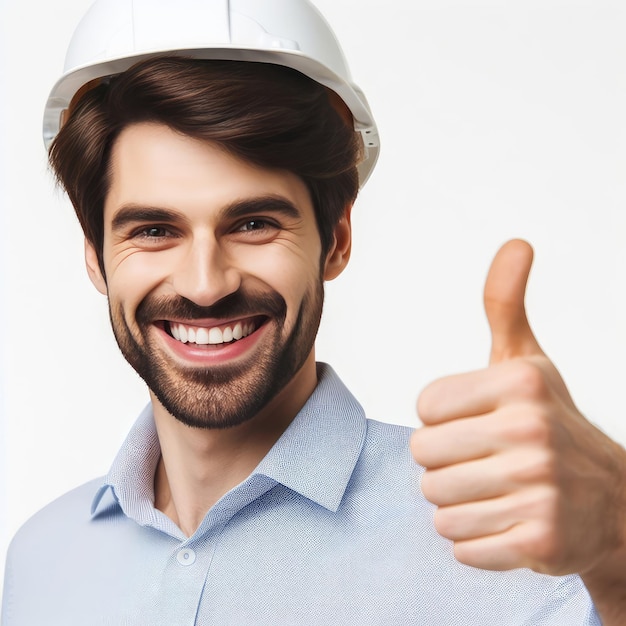 Foto ingegnere sorridente felice con giubbotto di sicurezza e casco isolato su sfondo bianco