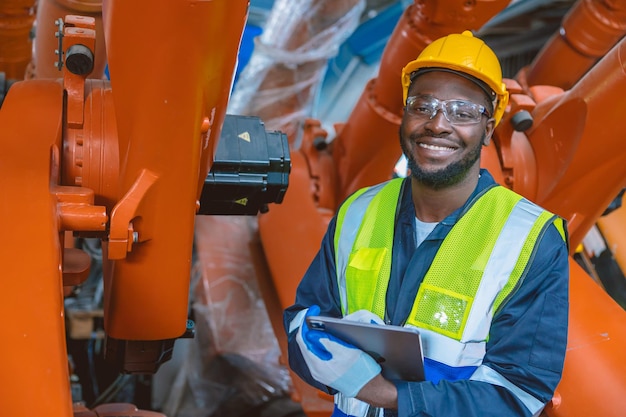 幸せな笑みを浮かべてエンジニア ワーカー アフリカの黒人が工場業界で働く