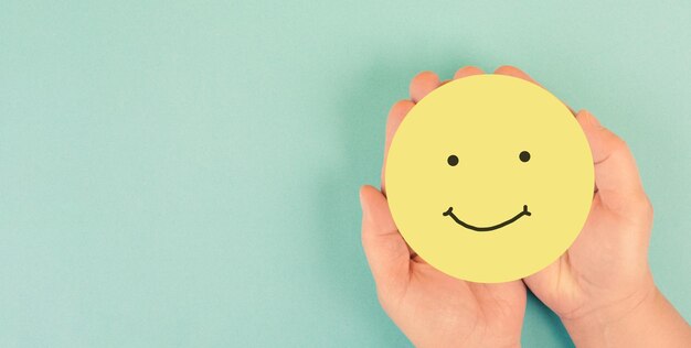 Photo happy smiling face mental health concept positive thinking and attitude emotion support evaluation