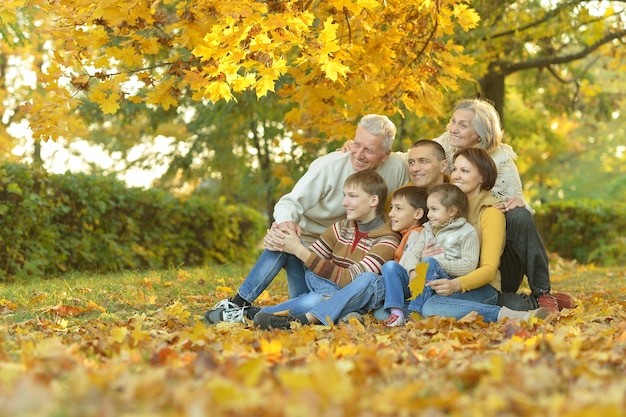 Famiglia sorridente felice che si rilassa nel parco d'autunno