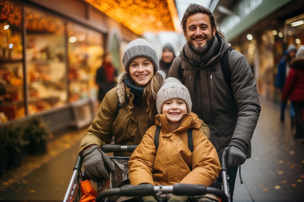 Happy smiling family shopping together on the market winter and christmas season generative AI