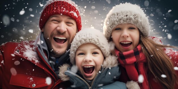 Foto famiglia felice e sorridente nelle vacanze invernali in una giornata di neve ai generativa