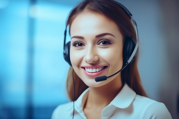 happy smiling female customer service operator working on computer in office