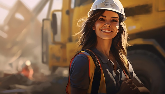 Happy smiling female engineer cute young people construction Slavic appearance photo of young do